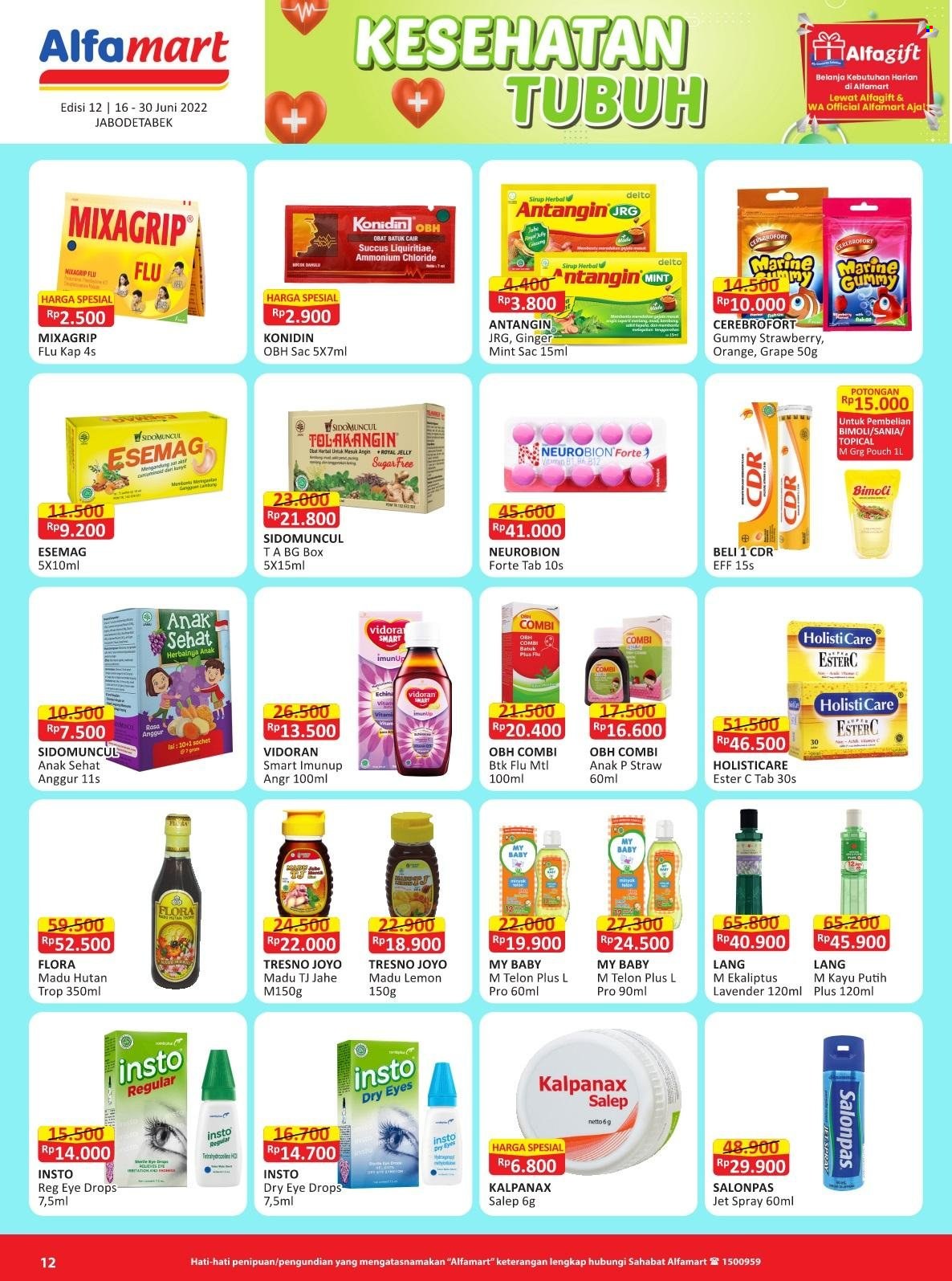 Promo Alfamart - 06/16/2022 - 06/30/2022 - Produk diskon - vidoran, sugar, salonpas, lemon, my baby, mint, eye drops, ginger, box, anggur, anak. Halaman 12.