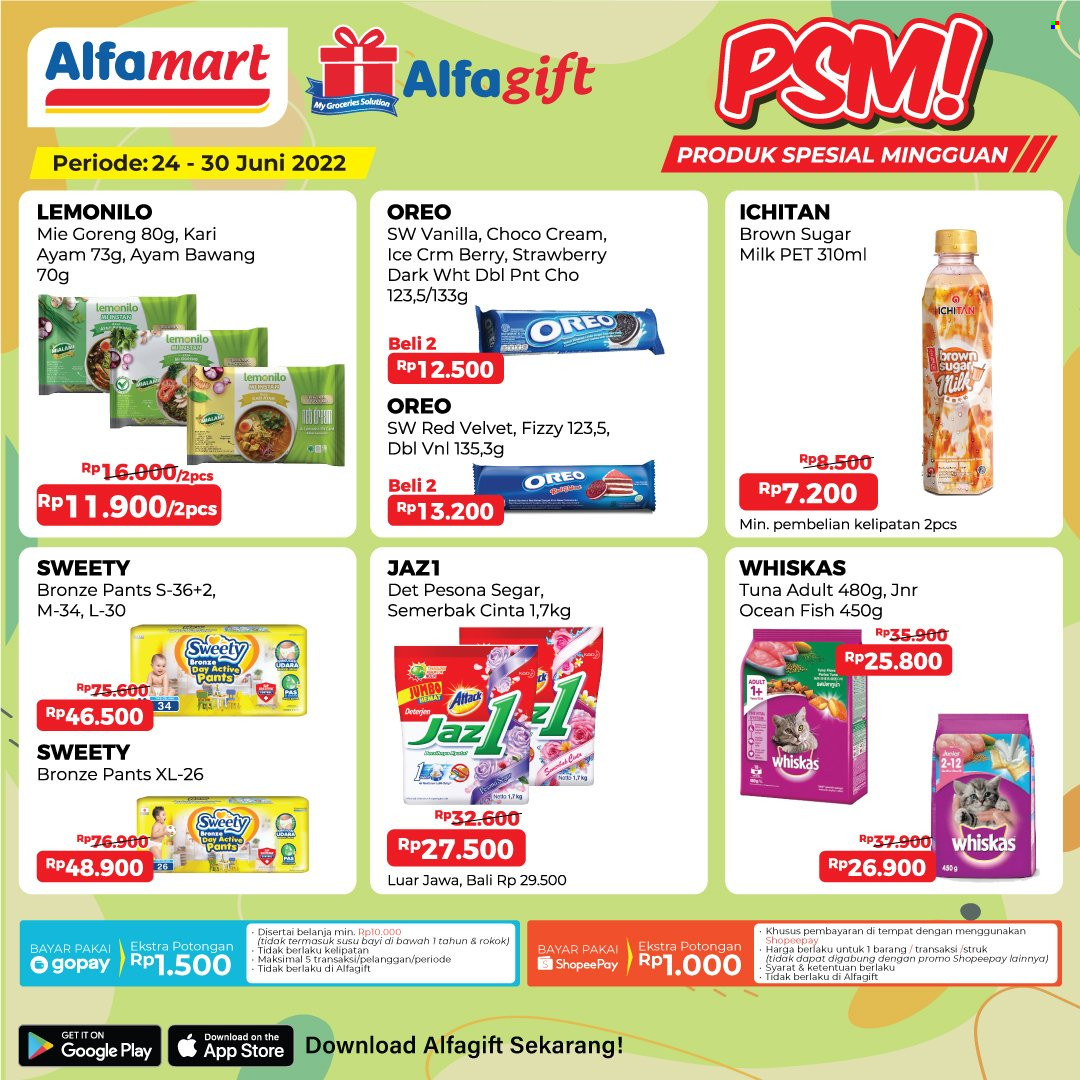 Promo Alfamart - 06/24/2022 - 06/30/2022 - Produk diskon - milk, goreng, tuna, sugar, sweety, pants, pet, oreo, brown sugar, bawang, ayam. Halaman 8.