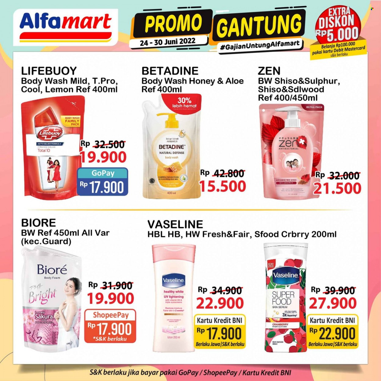 Promo Alfamart - 06/24/2022 - 06/30/2022 - Produk diskon - body wash, serum, lemon, lifebuoy, lotion, nourishing, honey, cranberry, body foam, aloe, vitamin. Halaman 13.