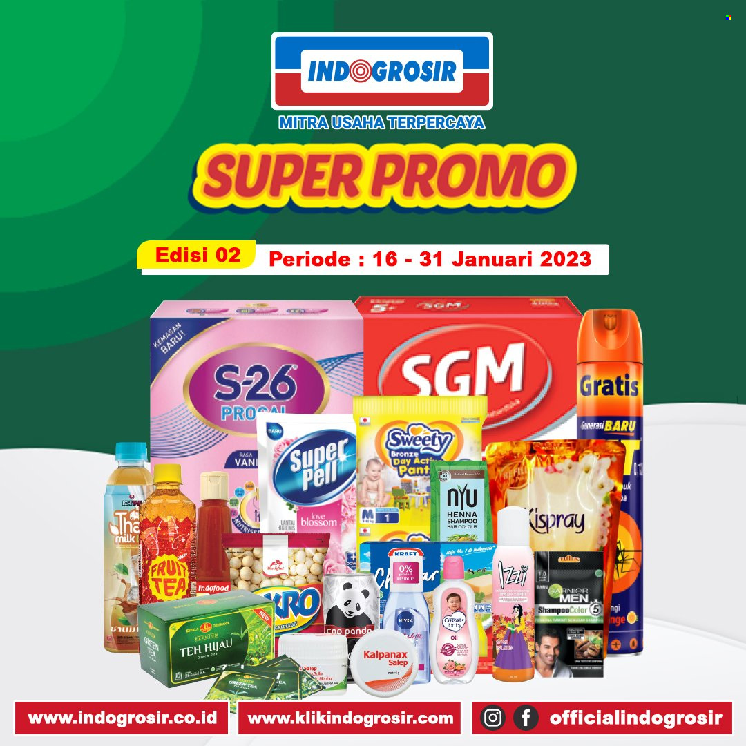 Promo Indogrosir - 01/16/2023 - 01/31/2023 - Produk diskon - milk, sweety, tea, shampoo, nivea, indofood, cussons. Halaman 1.