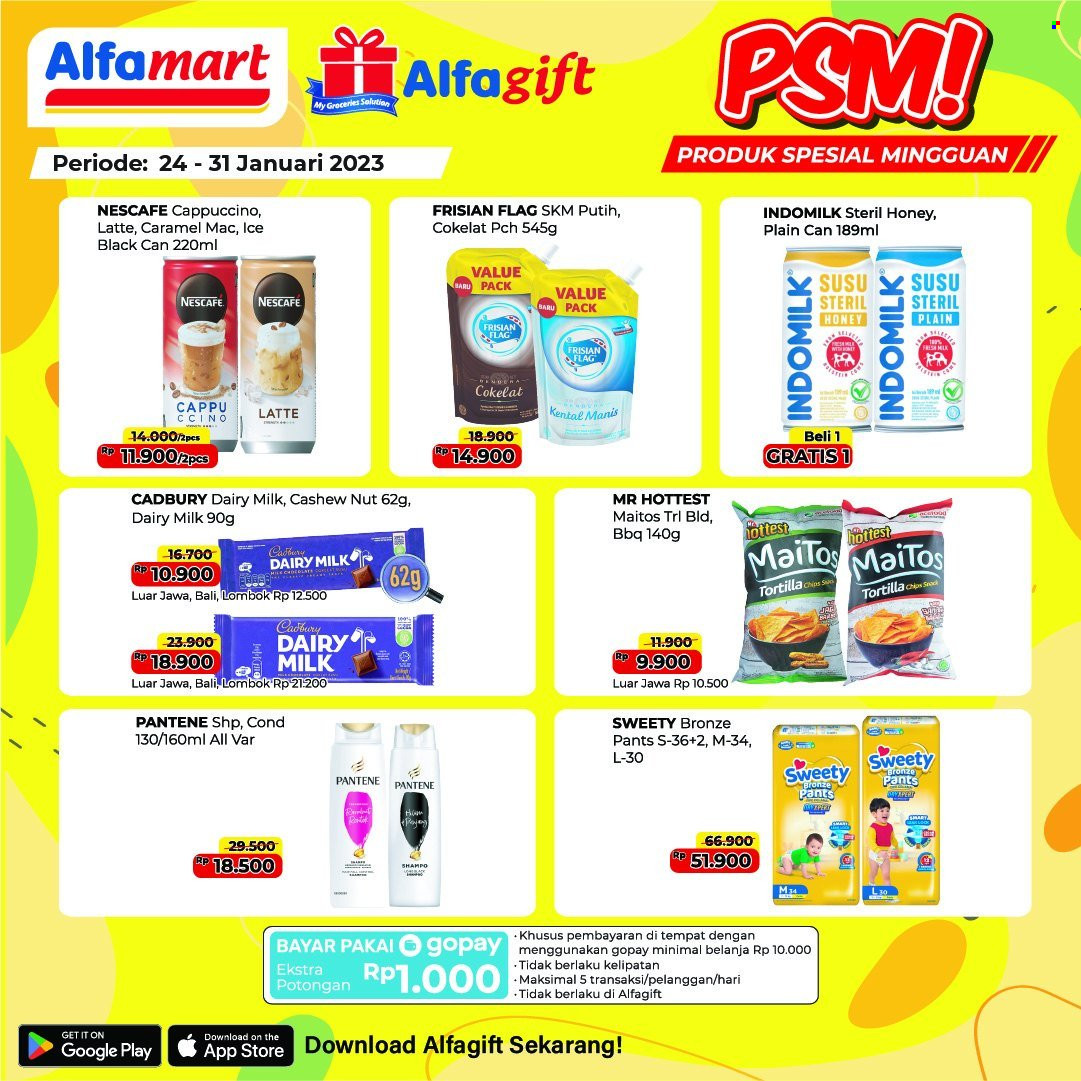 Promo Alfamart - 01/24/2023 - 01/31/2023 - Produk diskon - milk, indomilk, tortilla chips, sweety, pantene, pants, chips, honey, fa, cadbury, cappuccino, caramel. Halaman 1.