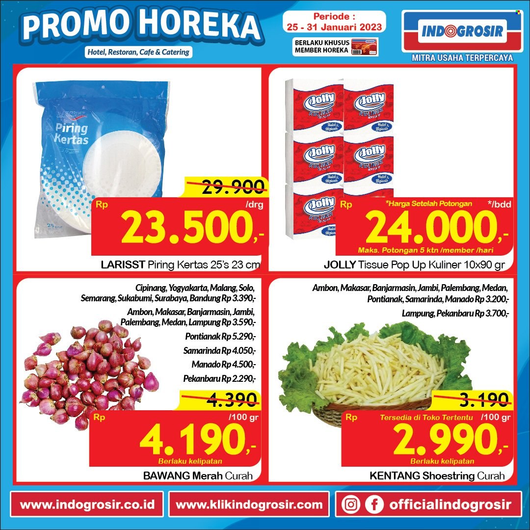 Promo Indogrosir - 01/25/2023 - 01/31/2023 - Produk diskon - tissue, bawang merah, piring, kentang, bawang. Halaman 3.