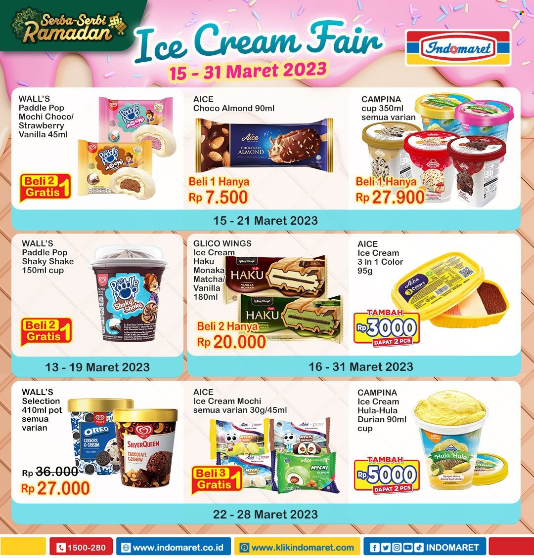 Promo Indomaret - 03/15/2023 - 03/31/2023 - Produk diskon - pot, matcha, oreo, ice cream, chocolate, cookies. Halaman 1.