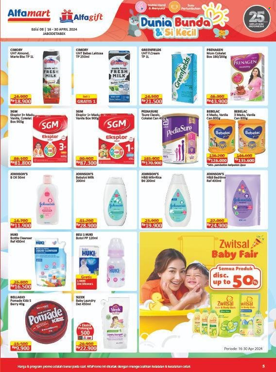 thumbnail - Promo Alfamart - 04/16/2024 - 04/30/2024 - Produk diskon - milk, zwitsal, sleek, cimory, cleanser, bottle, box. Halaman 9.